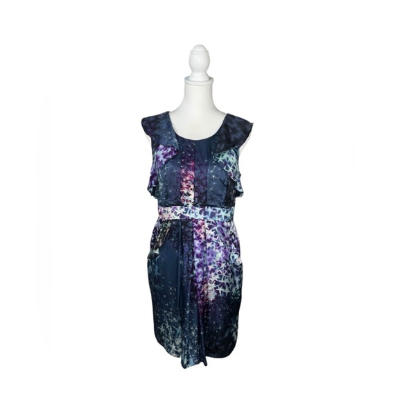 Leifsdottir Anthropologie Supernova Star Tie Dye Galaxy Silk Ruffle Pocket Dress - Picture 2 of 11